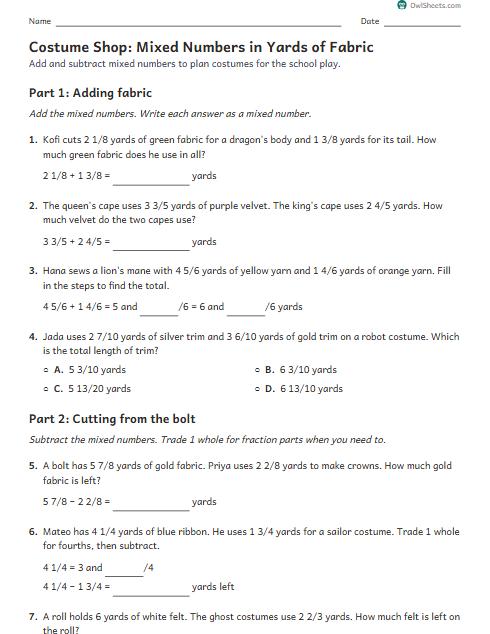Costume Shop: Mixed Numbers in Yards of Fabric worksheet preview