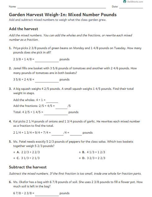 Garden Harvest Weigh-In: Mixed Number Pounds worksheet preview