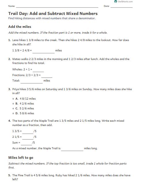 Trail Day: Add and Subtract Mixed Numbers worksheet preview