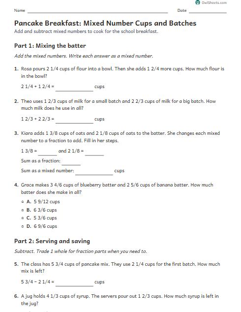 Pancake Breakfast: Mixed Number Cups and Batches worksheet preview