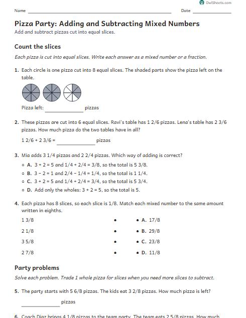 Pizza Party: Adding and Subtracting Mixed Numbers worksheet preview