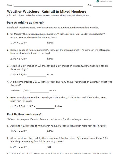 Weather Watchers: Rainfall in Mixed Numbers worksheet preview