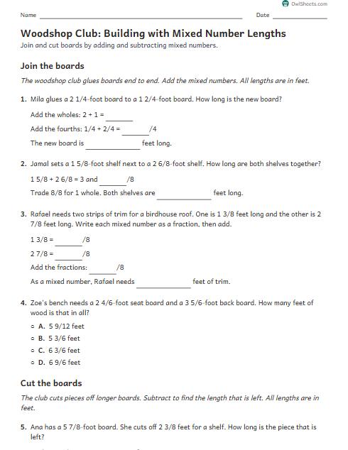 Woodshop Club: Building with Mixed Number Lengths worksheet preview