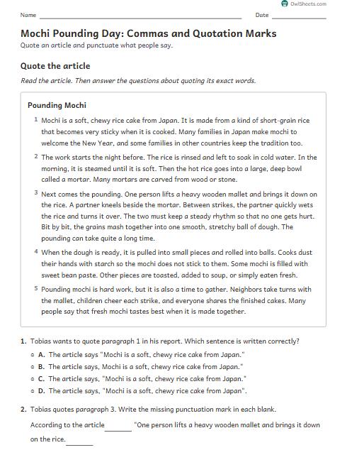 Mochi Pounding Day: Commas and Quotation Marks worksheet preview