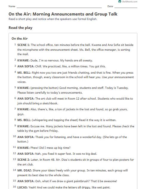 On the Air: Morning Announcements and Group Talk worksheet preview