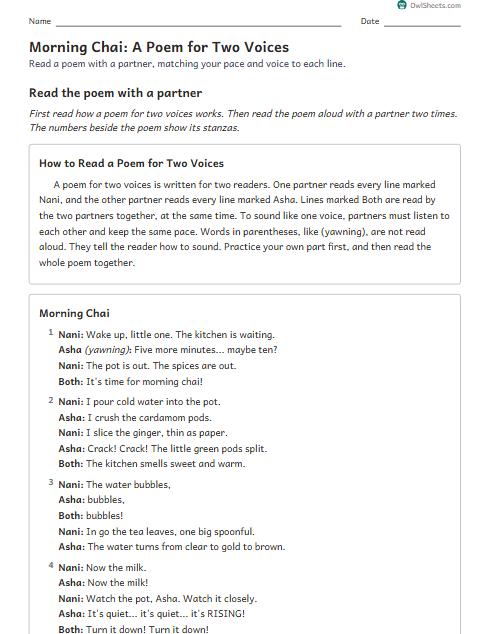 Morning Chai: A Poem for Two Voices worksheet preview