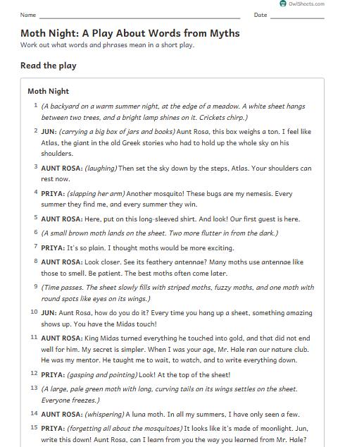Moth Night: A Play About Words from Myths worksheet preview