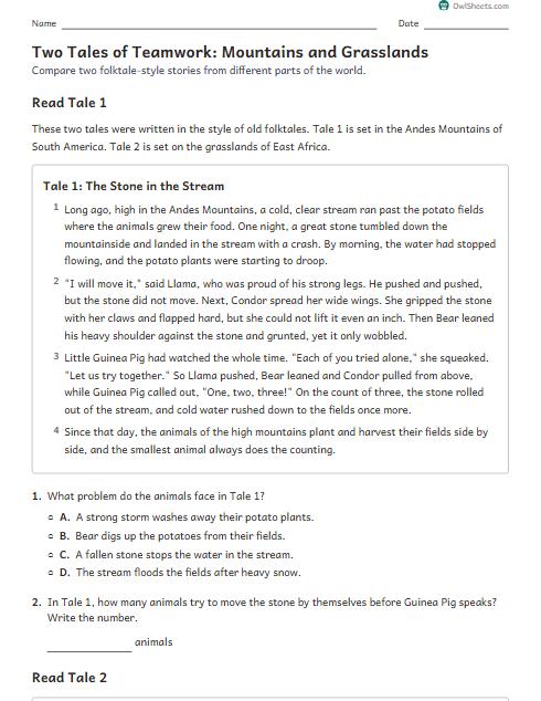 Two Tales of Teamwork: Mountains and Grasslands worksheet preview
