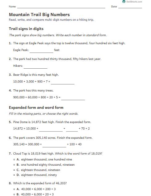 Mountain Trail Big Numbers worksheet preview