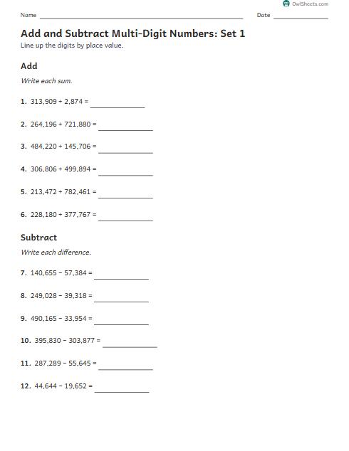 Add and Subtract Multi-Digit Numbers: Set 1 worksheet preview