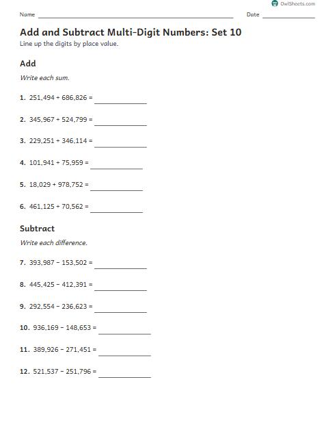 Add and Subtract Multi-Digit Numbers: Set 10 worksheet preview