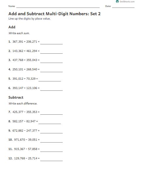 Add and Subtract Multi-Digit Numbers: Set 2 worksheet preview