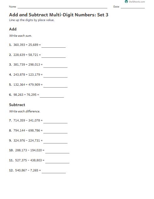 Add and Subtract Multi-Digit Numbers: Set 3 worksheet preview