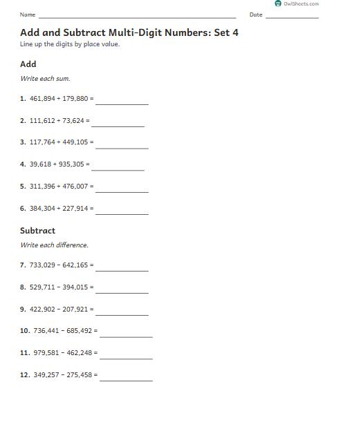 Add and Subtract Multi-Digit Numbers: Set 4 worksheet preview