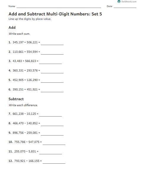 Add and Subtract Multi-Digit Numbers: Set 5 worksheet preview