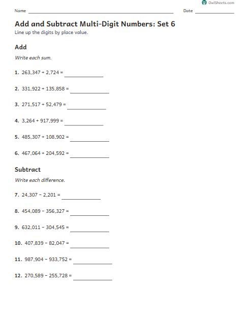 Add and Subtract Multi-Digit Numbers: Set 6 worksheet preview