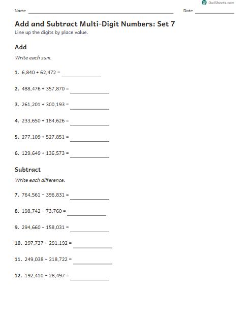 Add and Subtract Multi-Digit Numbers: Set 7 worksheet preview
