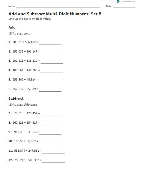 Add and Subtract Multi-Digit Numbers: Set 8 worksheet preview