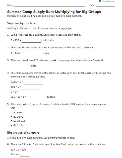 Summer Camp Supply Run: Multiplying for Big Groups worksheet preview