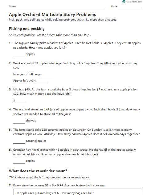 Apple Orchard Multistep Story Problems worksheet preview