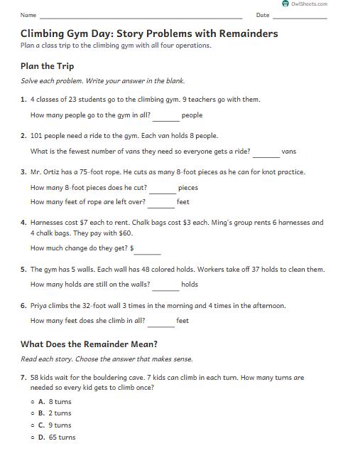 Climbing Gym Day: Story Problems with Remainders worksheet preview