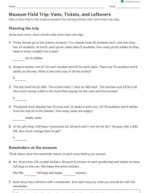 Museum Field Trip: Vans, Tickets, and Leftovers worksheet preview