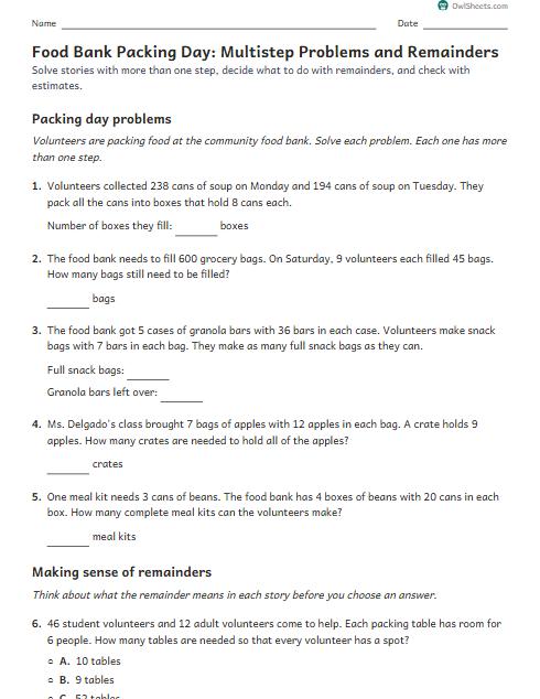 Food Bank Packing Day: Multistep Problems and Remainders worksheet preview