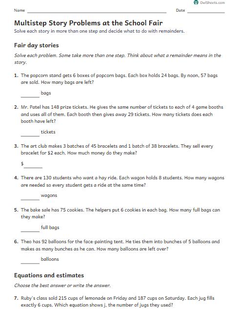 Multistep Story Problems at the School Fair worksheet preview