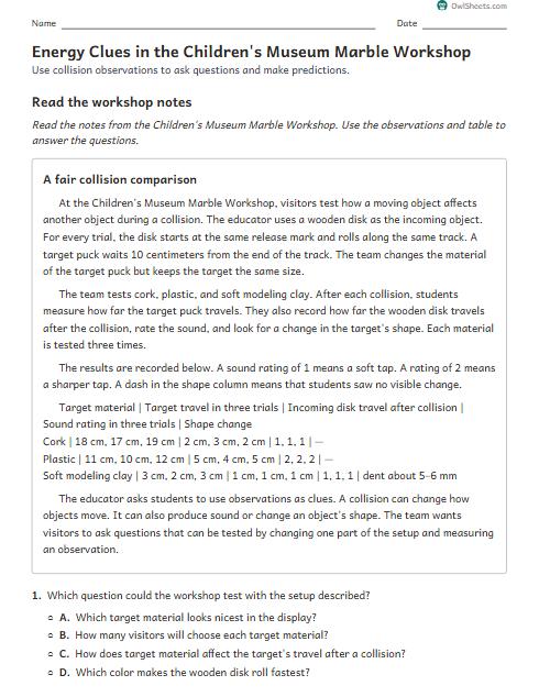 Energy Clues in the Children's Museum Marble Workshop worksheet preview