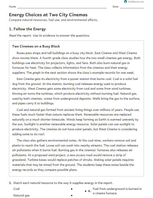 Energy Choices at Two City Cinemas worksheet preview