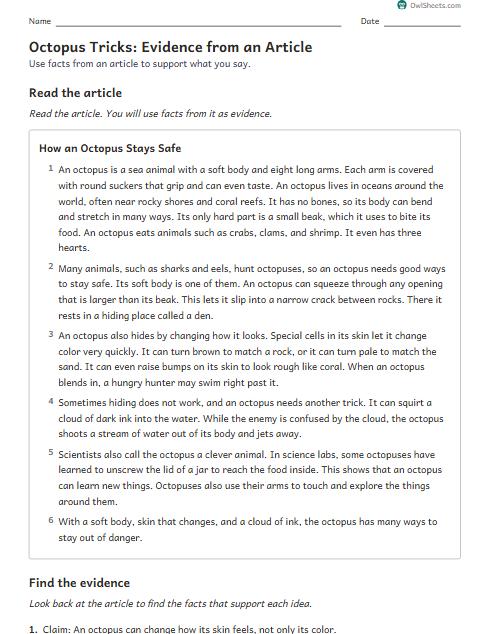 Octopus Tricks: Evidence from an Article worksheet preview
