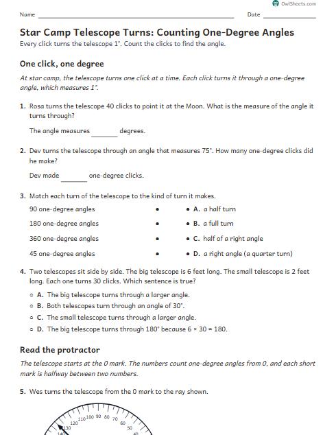 Star Camp Telescope Turns: Counting One-Degree Angles worksheet preview