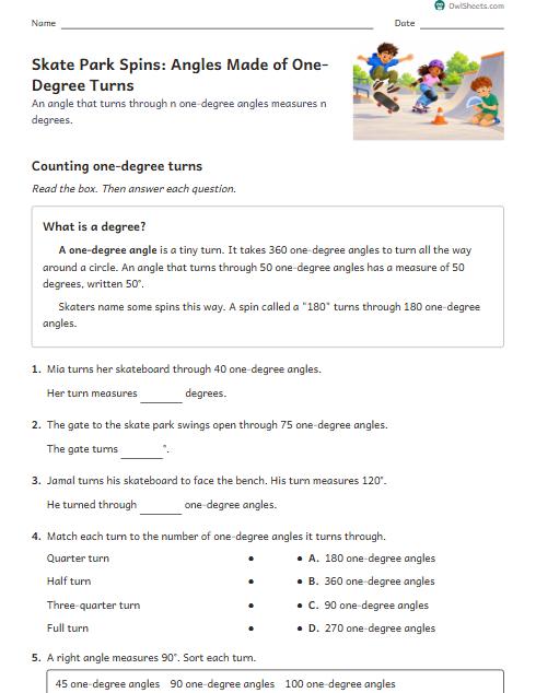Skate Park Spins: Angles Made of One-Degree Turns worksheet preview