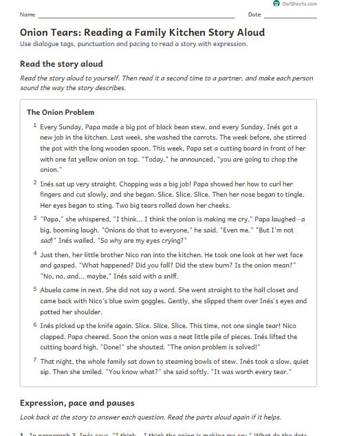 Onion Tears: Reading a Family Kitchen Story Aloud worksheet preview