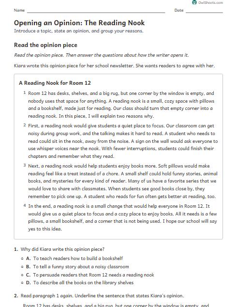 Opening an Opinion: The Reading Nook worksheet preview
