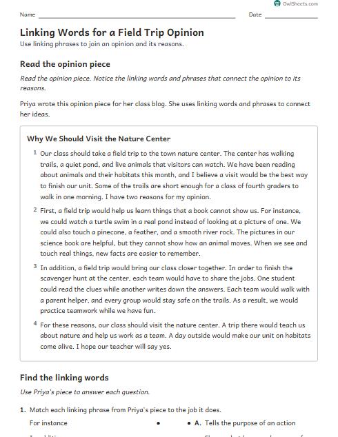 Linking Words for a Field Trip Opinion worksheet preview