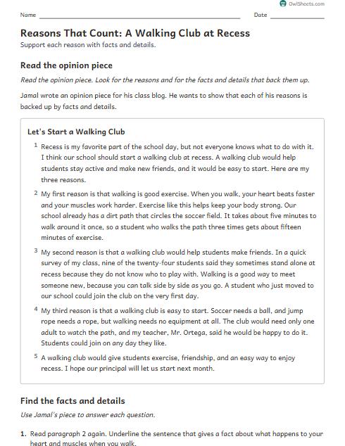 Reasons That Count: A Walking Club at Recess worksheet preview