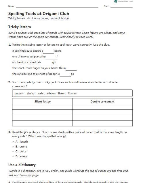 Spelling Tools at Origami Club worksheet preview