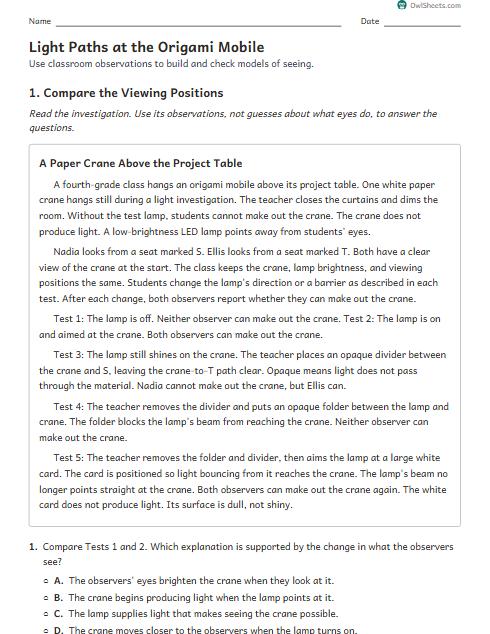 Light Paths at the Origami Mobile worksheet preview