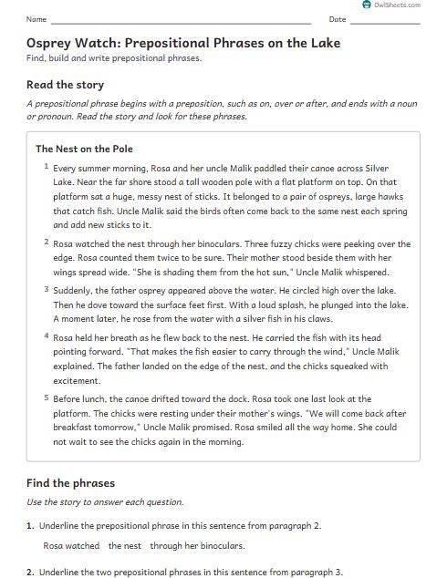 Osprey Watch: Prepositional Phrases on the Lake worksheet preview
