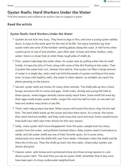 Oyster Reefs: Hard Workers Under the Water worksheet preview
