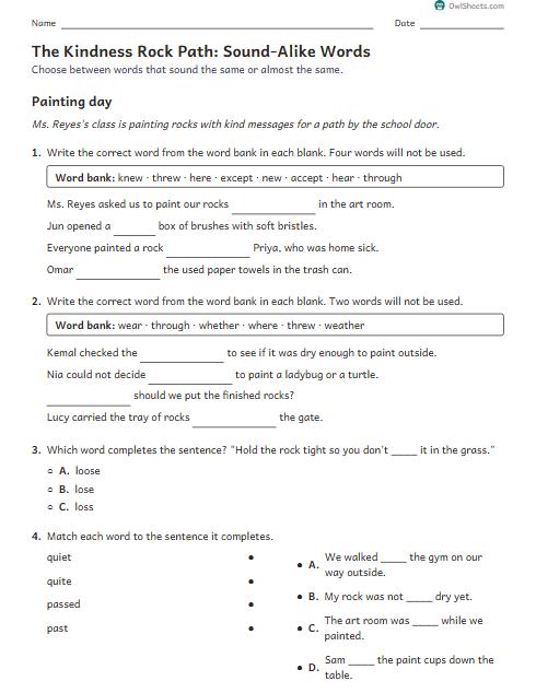 The Kindness Rock Path: Sound-Alike Words worksheet preview