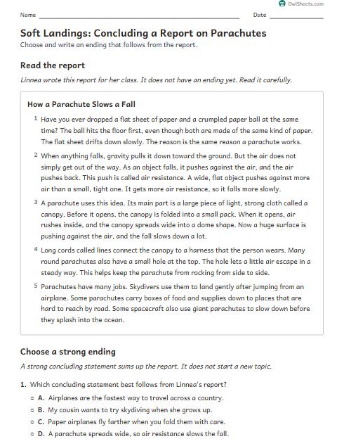 Soft Landings: Concluding a Report on Parachutes worksheet preview