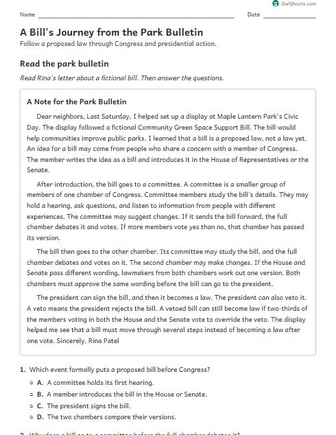 A Bill's Journey from the Park Bulletin worksheet preview