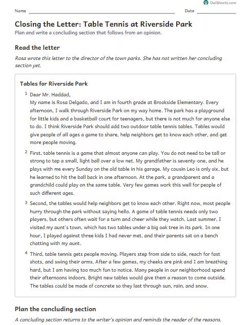 Closing the Letter: Table Tennis at Riverside Park worksheet preview