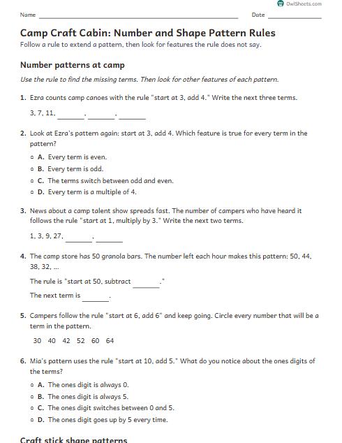 Camp Craft Cabin: Number and Shape Pattern Rules worksheet preview