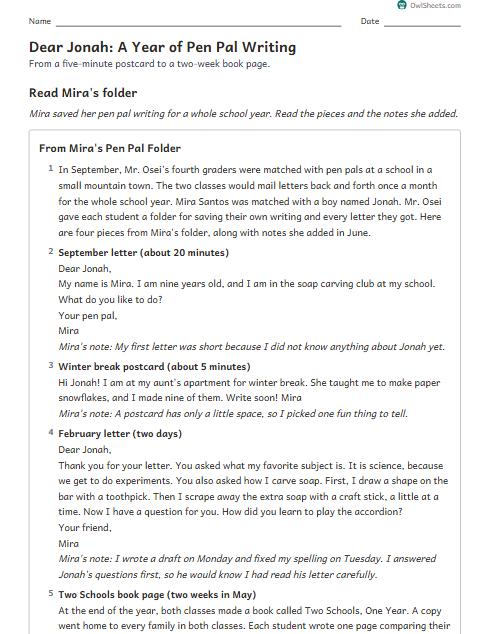 Dear Jonah: A Year of Pen Pal Writing worksheet preview