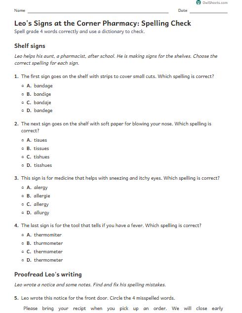 Leo's Signs at the Corner Pharmacy: Spelling Check worksheet preview