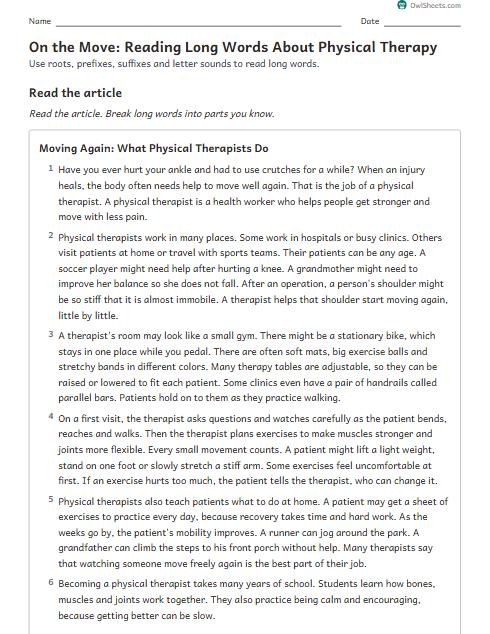 On the Move: Reading Long Words About Physical Therapy worksheet preview