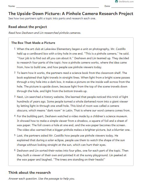 The Upside-Down Picture: A Pinhole Camera Research Project worksheet preview